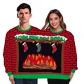 Funny two-person ugly Christmas sweater with fireplace and festive stocking patterns - Fireplace Brick Wall Print (SB162-036)