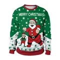 Green Christmas sweatshirt featuring funny Santa print and red ribbed cuffs for women - S / Santa and Elf Pattern (CN012-JC0014S)