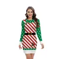 Women's slim fit Christmas dress featuring red stripes, green dot sleeves and star prints - S / Red/Green Polka Dot Stripe Style (B488-1028)