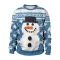 Blue and white knitted Christmas snowman sweater with round neck and 3D textured details - S / 3D Knitted Snowman (CN012-JC0023S)