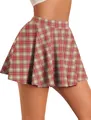 Women's red plaid pleated mini skirt with Christmas snowflake print and high waist fit - S / Red Beige Plaid (ZQ0019S)