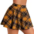 High-waisted orange and black plaid mini skirt with pleated A-line design - Orange Black Plaid (CG022-ZQ0122C)