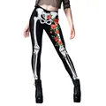 Leggings di Halloween da donna con scheletro bianco e rose rosse su tessuto nero elasticizzato - XL / Stile Osso Bianco Rosa Rossa Realistico (XYWL-B230-017)
