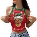 Women's red Christmas reindeer tank top with green ribbed edges and festive sequin hat design - S / Reindeer Print (GA123-1114)