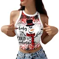 Christmas snowman print crop top with red plaid snowflake pattern for women - S / Snowman Print (GA123-1113)