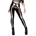 Women's Halloween skeleton leggings with red roses and 3D bone print in black - White Bone Rose Stripe Back Style (XYWL-B230-027)