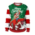 Christmas crewneck sweatshirt with funny Santa riding a dinosaur print and striped sleeves - Dinosaur Style (CN012-JC0027S)