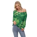 Off-shoulder St. Patrick's Day long sleeve top with green shamrock prints for women - S / All-over Shamrock Print (GA404-1030)