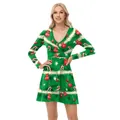 Groene kerstjurk met lange mouwen en V-hals voorzien van rode kerstbalprint - S / Groene Kerstbal Print (XG076-JC0032S)