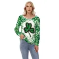 Women's St. Patrick's Day off-shoulder long sleeve top with green shamrock prints - S / Large Shamrock Pattern (GA404-1028)