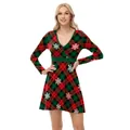 Kerstjurk voor dames met V-hals, rood ruitpatroon en witte sneeuwvlokken bedrukking - S / Rood Groene Ruit Sneeuwvlok Print (XG076-JC0034S)