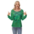 Women's off-shoulder green Saint Patrick's Day top with lucky clover print - S / Hand-drawn Shamrock (GA404-1027)