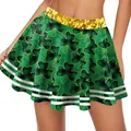 Falda de cuadros verde de San Patricio con tréboles y cintura de lentejuelas doradas - S / Falda Plisada Trébol Efecto Lentejuelas (CG022-1002)