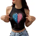Schwarzes Crop Top für Damen mit Herz-US-Flagge Print im stylischen Drip-Look - S / Schwarz Herz Flagge Druck (GA123-1138)