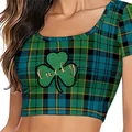 Women St. Patrick's Day crop top with green plaid and golden Lucky clover print - Green Blue Plaid Lucky Print Top (XG019-1001)
