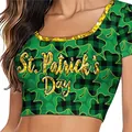 Women's St. Patrick's Day green plaid crop top with lucky shamrock and gold lettering - St. Patrick's Day Checkerboard Top (XG019-1002)