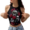 Women's Halloween skull and rose print sleeveless halter crop top in black - S / Three Skulls Red Rose (GA123-1155)