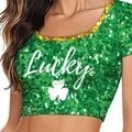 Women's St. Patrick's Day green crop top with Lucky slogan and clover graphic - Bright Green Lucky Sequin-look Top (XG019-1003)