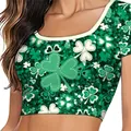 Women's St. Patrick's Day crop top with green shamrock pattern and white trim - All-over Shamrock Print Crop Top (XG019-1004)