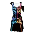 Abito nero per Halloween con stampa scheletro neon e dettagli asimmetrici sulle spalle - Taglia S / Scheletro di Colore Neon (B325-1021)