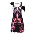 Abito di Halloween con stampa digitale di scheletro in cristallo rosa su nero - Taglia S / Scheletro di Rosa con Cuore Rosa (B325-1022)