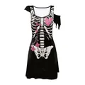 Abito nero senza maniche Halloween con scheletro e rose rosa e bordi irregolari punk - Taglia S / Scheletro Bianco di Rosa con Cuore Rosa (B325-1024)