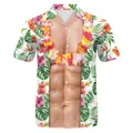 Men's short sleeve Hawaiian shirt with 3D muscle print and tropical floral wreath - S / White (B267-1057)