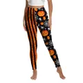 Halloween-legging met hoge taille, oranje strepen en zwarte pompoenprint decoratie - S / Asymmetrisch Pompoen- en Spindesign (XG013-1041)