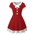 Robe de Noël à manches courtes en coupe A avec bordure en fausse fourrure et pompons blancs - Style Peluche Rouge Père Noël (CG033-1005)