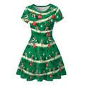 Robe de Noël évasée à manches courtes pour femme avec imprimés sapins et sucres d'orge - Style Imprimé Vert Sapin de Noël (CG033-1008)