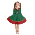 Dunkelgrünes Weihnachts-Langarmkleid für Mädchen mit rotem Besatz und Gürtel - S / Dunkelgrün mit Zierknöpfen (CT010-1024)