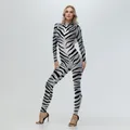 Women's full-body zebra print jumpsuit with long sleeves and elastic slim fit - S / Zebra Print