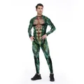 Men's adult bodysuit with 3D realistic muscle print and green snakeskin pattern costume - S / Snake Print