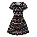 Robe de Noël noire évasée pour femme avec imprimés de guirlandes festives - Style Imprimé Noir Lumières de Noël (CG033-1007)