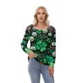 Women's off-shoulder Saint Patrick's Day long sleeve top with green clover print patterns - S / Dark Background Full Print Shamrock Floral Style (GA404-1038)