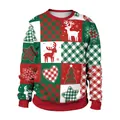 Christmas sweatshirt with red and green plaid patterns featuring reindeer and snowmen - Red Green Patchwork Reindeer (CN012-JC0037S)