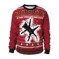 Christmas sweater featuring a black cat and holiday lights print on a red ribbed base - Black Cat With Christmas Lights (CN012-ZQ0001S)