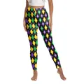 Women's Mardi Gras high waist leggings with purple and green fleur-de-lis print - S / Purple Green Gold Harlequin Fleur-de-lis (XG013-1100)