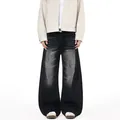 Donker antraciet wide-leg jeans met distressed details en vintage wassing - S / Zwart