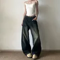 Vintage wash baggy fit wide leg jeans in deep blue denim with whiskering details - S / Black Blue