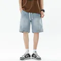 Men's light blue washed denim shorts with elastic drawstring waist and relaxed fit - 3XL / Light Blue
