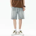 Light blue wash denim shorts for men with vintage gradient splicing and white drawstring - 3XL / Yellow Mud