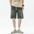 Men's retro washed charcoal grey denim shorts with drawstring waist and vertical seam detailing - 3XL / Smoke