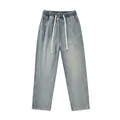 Hellblaue verwaschene Jeans mit geradem Bein, Gummizug und weißem Kordelzug - 3XL / Hellblau