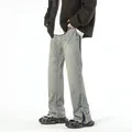Heren lichtgrijze flared jeans met gewassen look, rits aan de zoom en naden - 3XL / Vintage Blauw