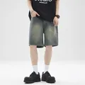Retro loose fit denim shorts in washed blue with vintage whiskers and heavy denim fabric - 3XL / Vintage Blue