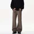 Men's loose straight-leg dark brown trousers in heavy cotton twill with elastic waist - 3XL / Khaki Gray
