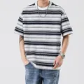 T-shirt rétro à rayures horizontales noires blanches et grises en coupe décontractée pour homme - 3XL / Bleu marine