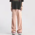 Men's loose straight leg parachute cargo pants in light pink with drawstring waist - 3XL / Pink