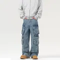Retro gewaschene blaue Cargo-Jeans für Herren mit mehreren Taschen im Streetwear-Stil - S / Blau